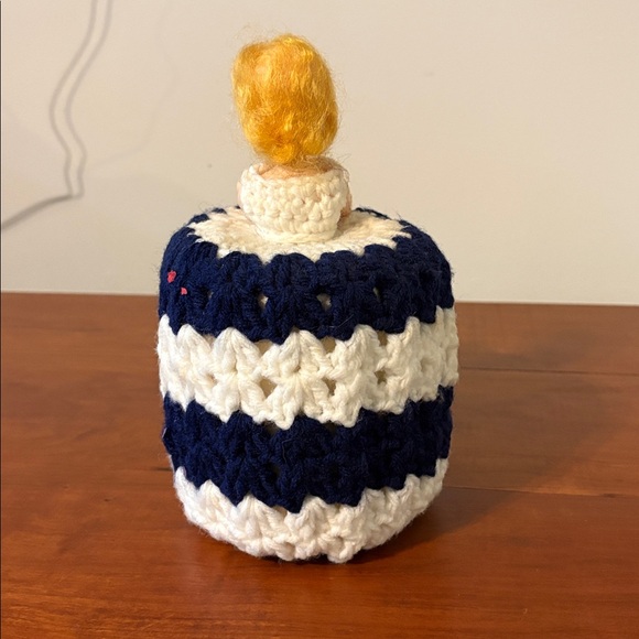 Hand Crafted blue & white striped Toilet Paper Cover Doll Retro Collectible Vtg - Picture 3 of 4
